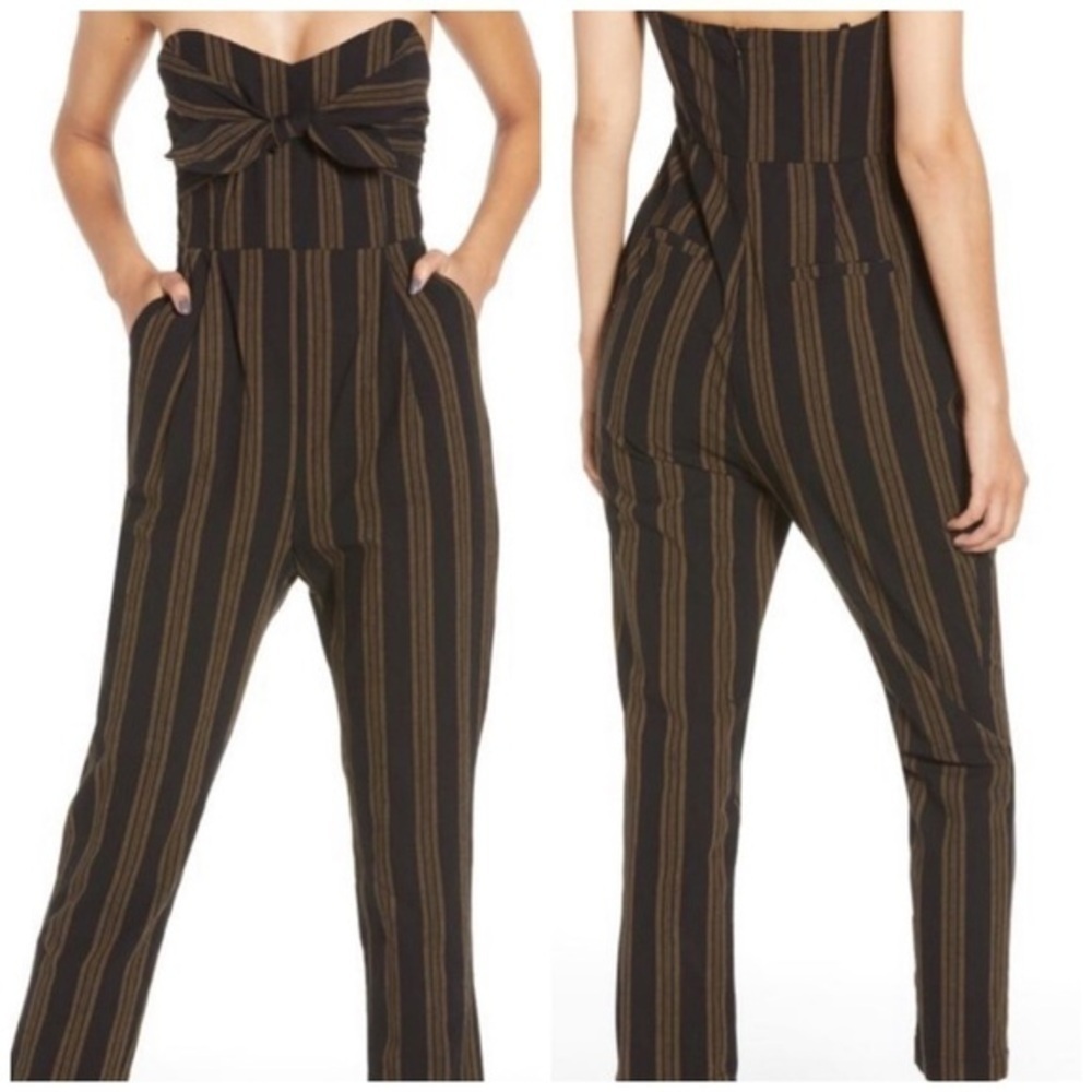 Lush Stripe Tie-Front Jumpsuit Tan Black Size Small Spaghetti Strap